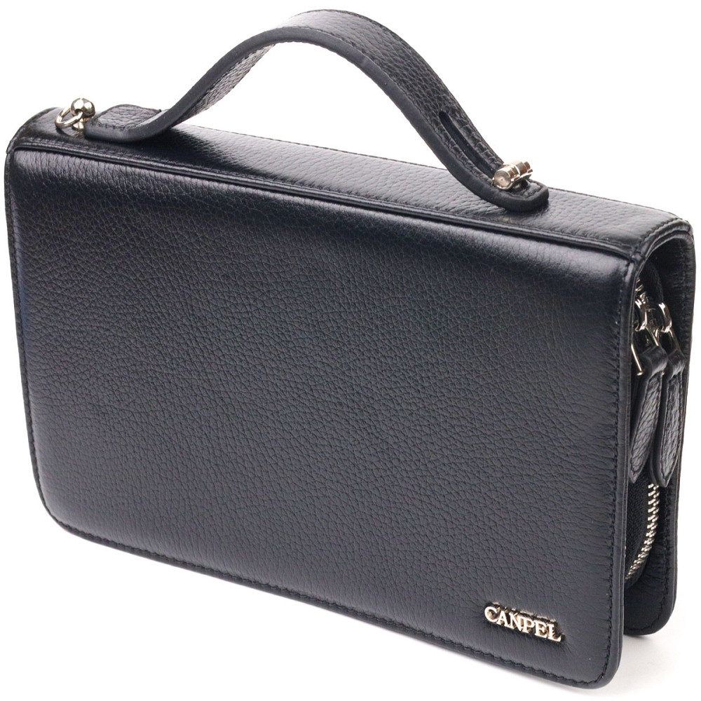 Оригінальна чоловіча барсетка на два відділення з натуральної зернистої шкіри Чорна (CANPELLINI) Київ - фото 5