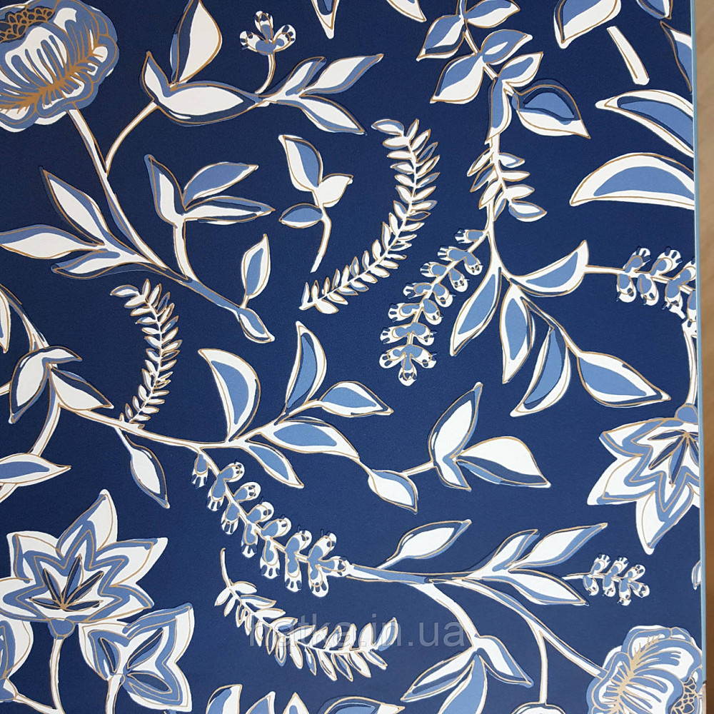 Шпалери вінілові на флізелін Caselio Mystery 0.53х10 м дитячі яскраві квіти листя білі блакитні на синьому тлі Київ - фото 3