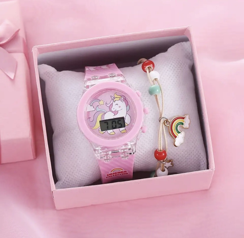 Подарочный набор для девочек часы Единорог с браслетом в подарочной коробочке розовый Киев - изображение 1
