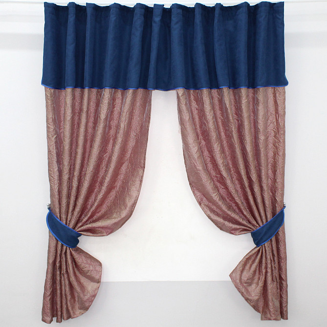 Кухонные шторы VR-Textil № 073к с ламбрекеном и подхватами розово-золотистый с синим 290х170 см (52-0377) Киев - изображение 1