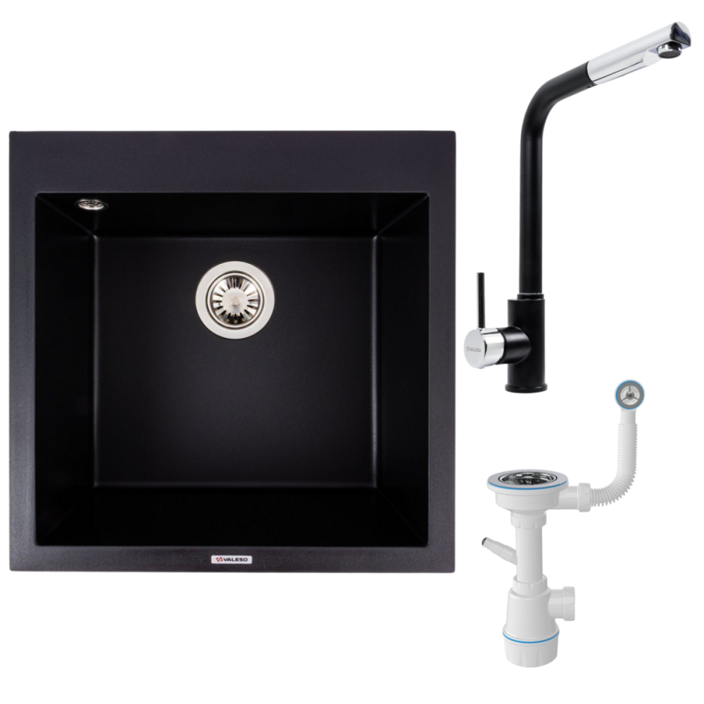 VALESO Комплект: Мийка гранітна 5050 GALAX VALESO + Змішувач Q411MB + Сифон Київ - фото 1