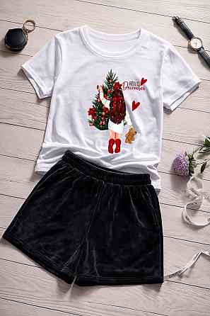 Жіночий домашній костюм-двійка з новорічним принтом турецький кулір бавовна + преміальний велюр Чорний 2, 50/52 Одеса