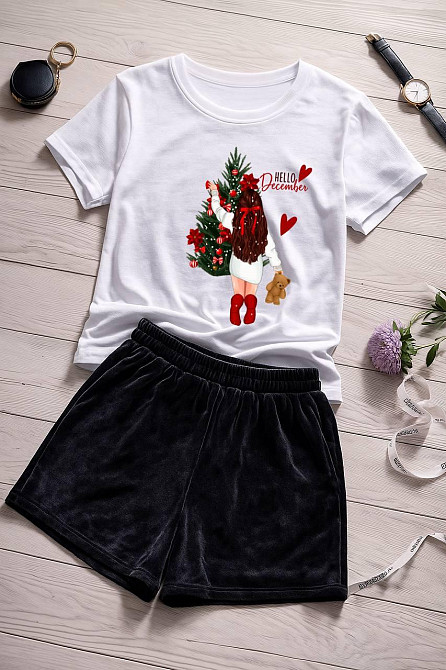 Жіночий домашній костюм-двійка з новорічним принтом турецький кулір бавовна + преміальний велюр Чорний 2, 50/52 Одеса - фото 1