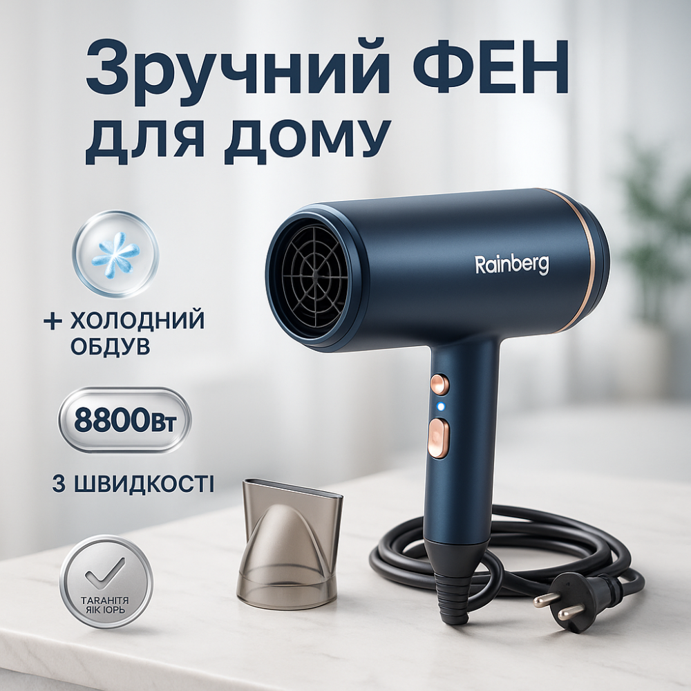 Фен-стайлер для сушіння волосся Rainberg RB-2212 8800Вт, Фен з режимом регулювання температури IX-83 Львів - фото 14
