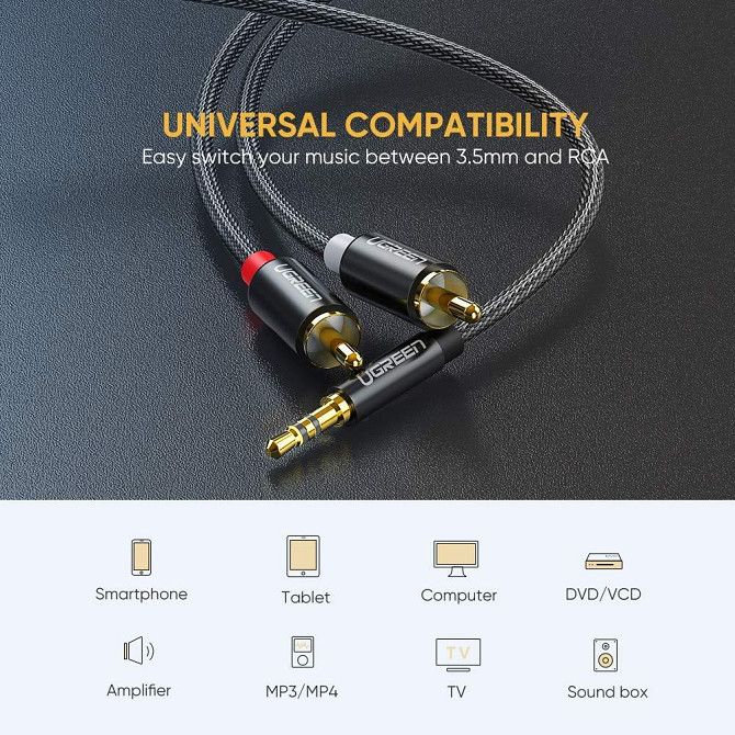 Аудіо кабель 2 RCA Jack 3.5 AUX Hi-Fi Ugreen AV116 (Чорний з сріблястим, 1м) Николаев - изображение 7