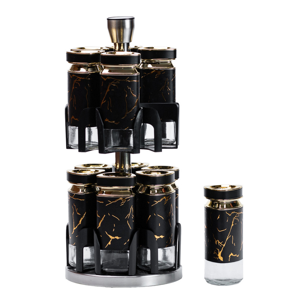 Набір для спецій на підставці 12 баночок по 120 мл, чорний мармур HP1356 Коломия - фото 2