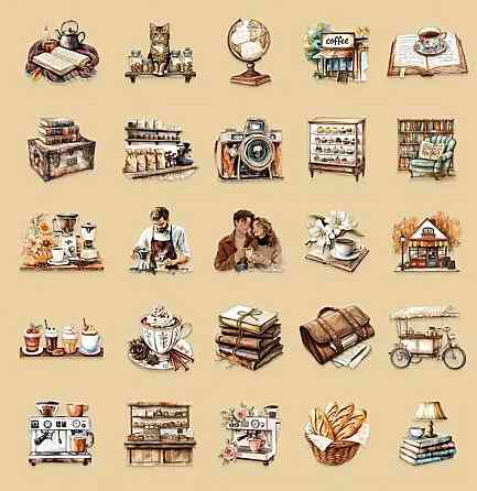 Набір вінтажних стікерів Кавʼярня та Подорожі – 50 шт Київ