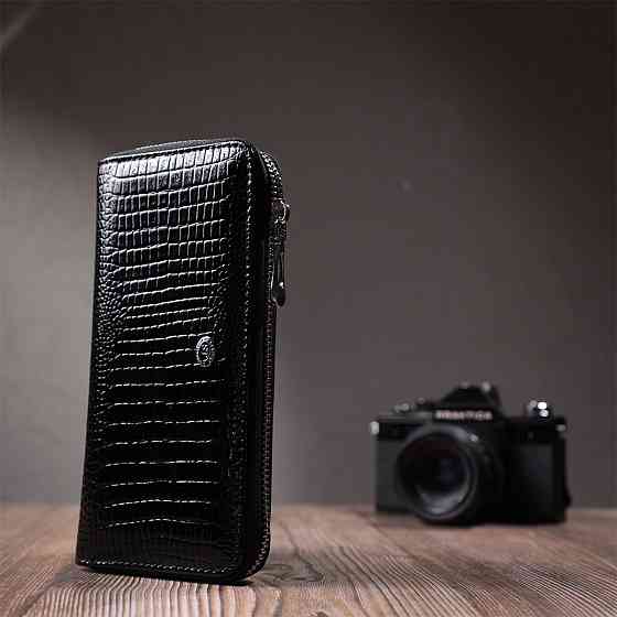 Лакований жіночий гаманець на блискавці із натуральної шкіри ST Leather 22678 Чорний Київ