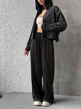 Женский прогулочный костюм двойка: кофта и штаны турецкий велюр Черный, 46/48 Одесса