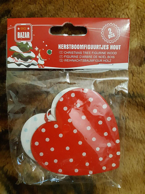 Новорічні іграшки дерев`яні Сердечка 2 штуки 70 на 75 мм червоно-білий Київ - фото 1