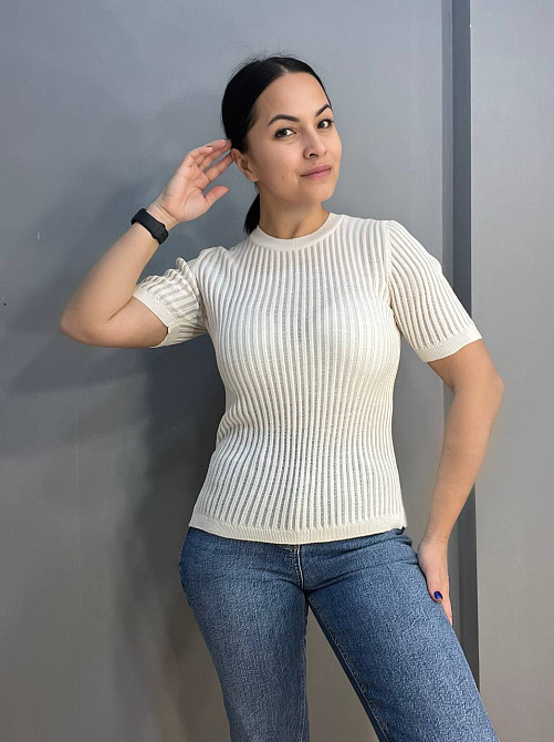 Реглан жіночий KARON 10624 ажурна в'язка смуга лапша напівпрозорий короткий рукав one size, молочний, one size Київ - фото 4