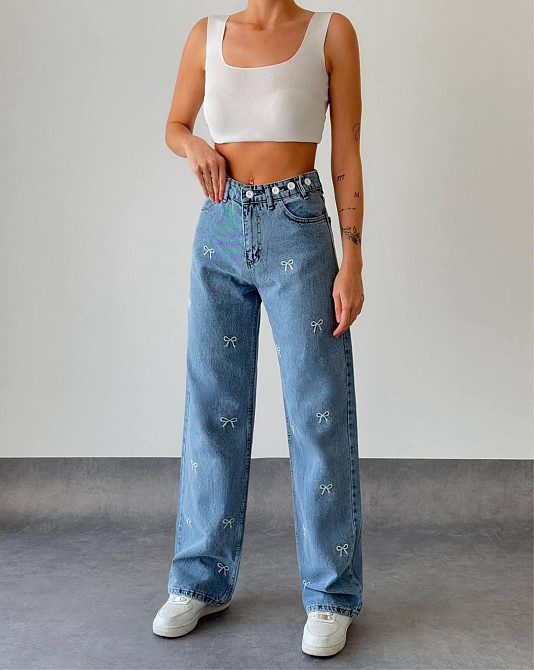 Женские прямые джинсы с бантиками на высокой посадке 31 Одесса - изображение 2