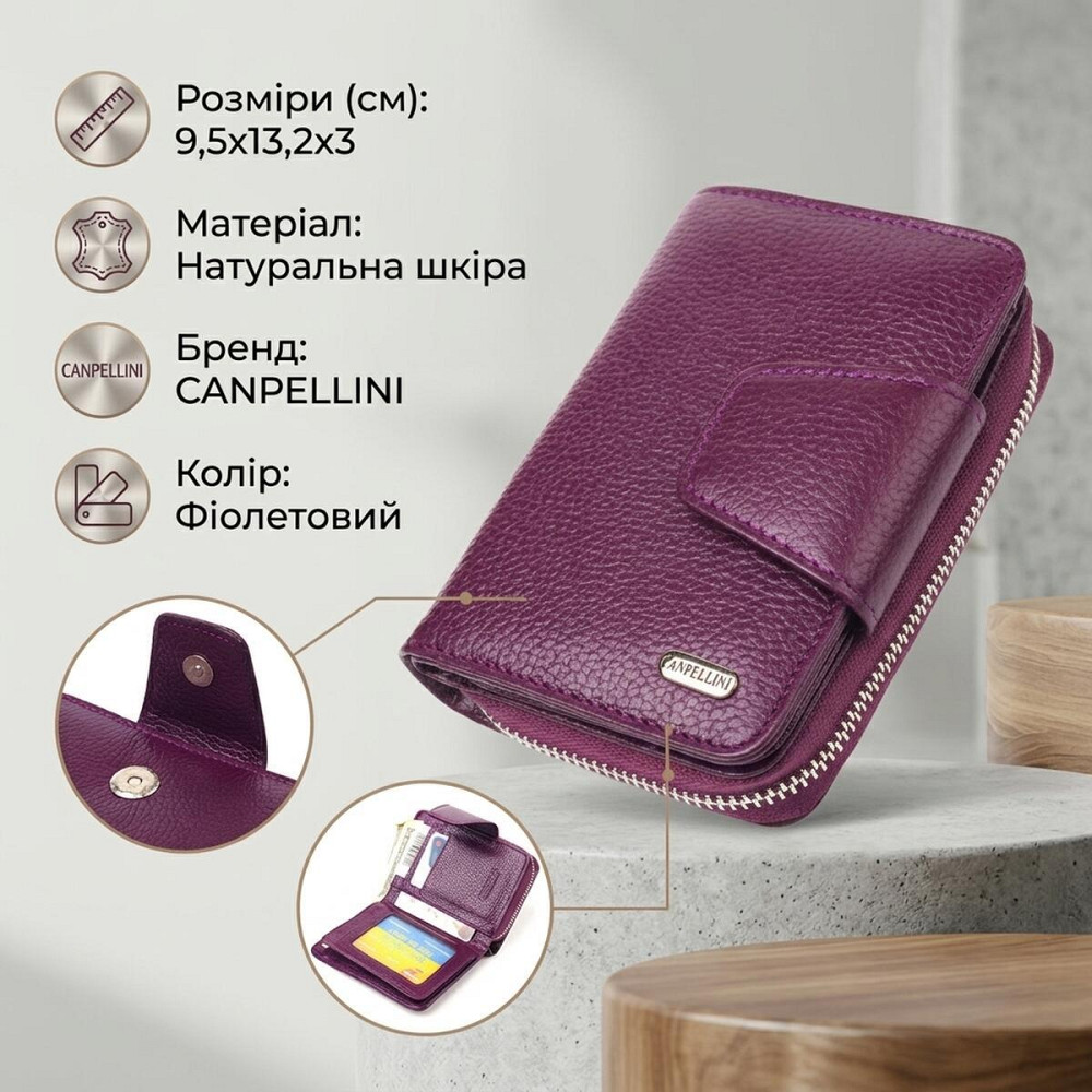 Практичний вертикальний портмоне для жінок з монетницею на блискавці з натуральної шкіри флотар CANPELLINI 21601 Фіолетовий Київ - фото 13