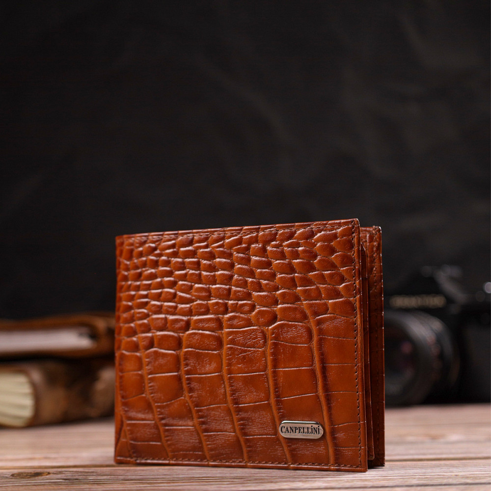 Чоловічий гаманець горизонтальний з натуральної фактурної шкіри з тисненням під крокодила CANPELLINI 21781 Рудий Київ - фото 6