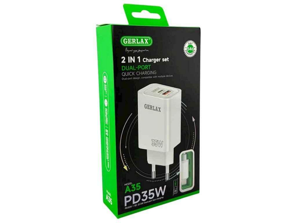 Мережевий зарядний пристрій Type-C to Type-C A35T 3A/1USB/QC3.0/PD35W білий ТМ GERLAX Київ - фото 1