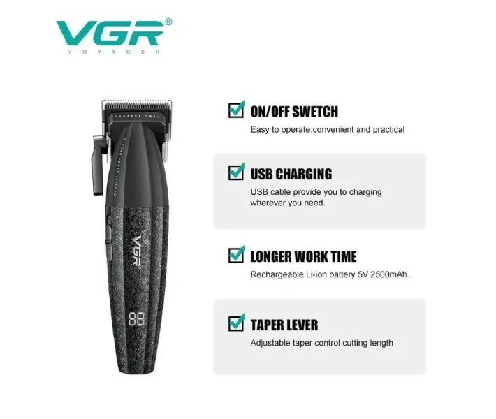 Професійна машинка для стрижки VGR V-640C Black: акумуляторний тример 9000 об/хв, 2500 мА·год, 6 насадок та LED-дисплей Одеса - фото 7