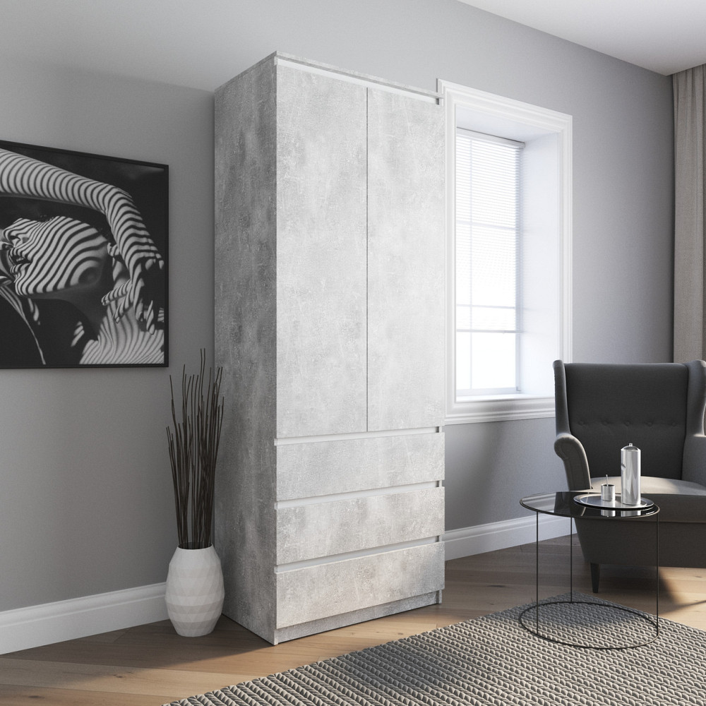 Шкаф для одежды VAYS R-9 Бетон-Белые планки, 3 ящика, штанга, без ручек, ЛДСП, 80×50×211 см – для спальни, гостиной, прихожей Львов - изображение 1