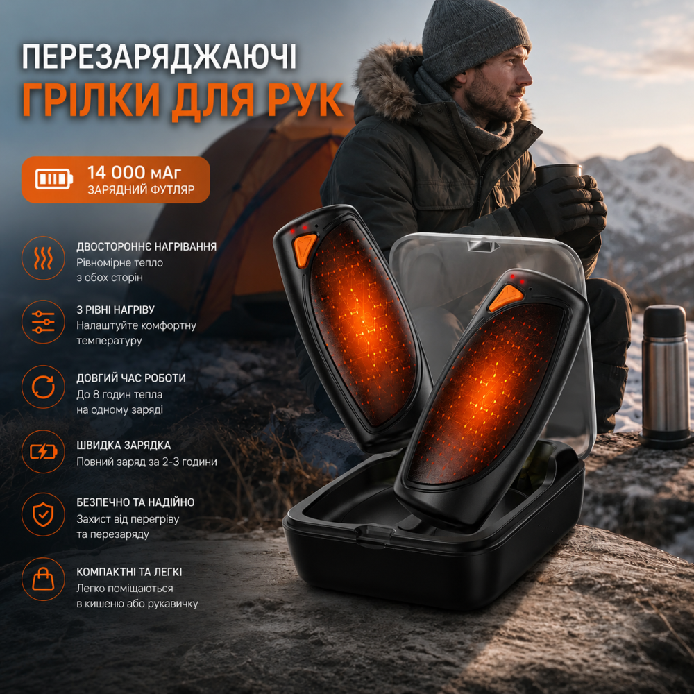 Аккумуляторные грелки для рук VIMWING N2 Черные: электрическая карманная грелка 2 шт с зарядным кейсом 14000 мАч, 3 уровня нагрева Киев - изображение 11