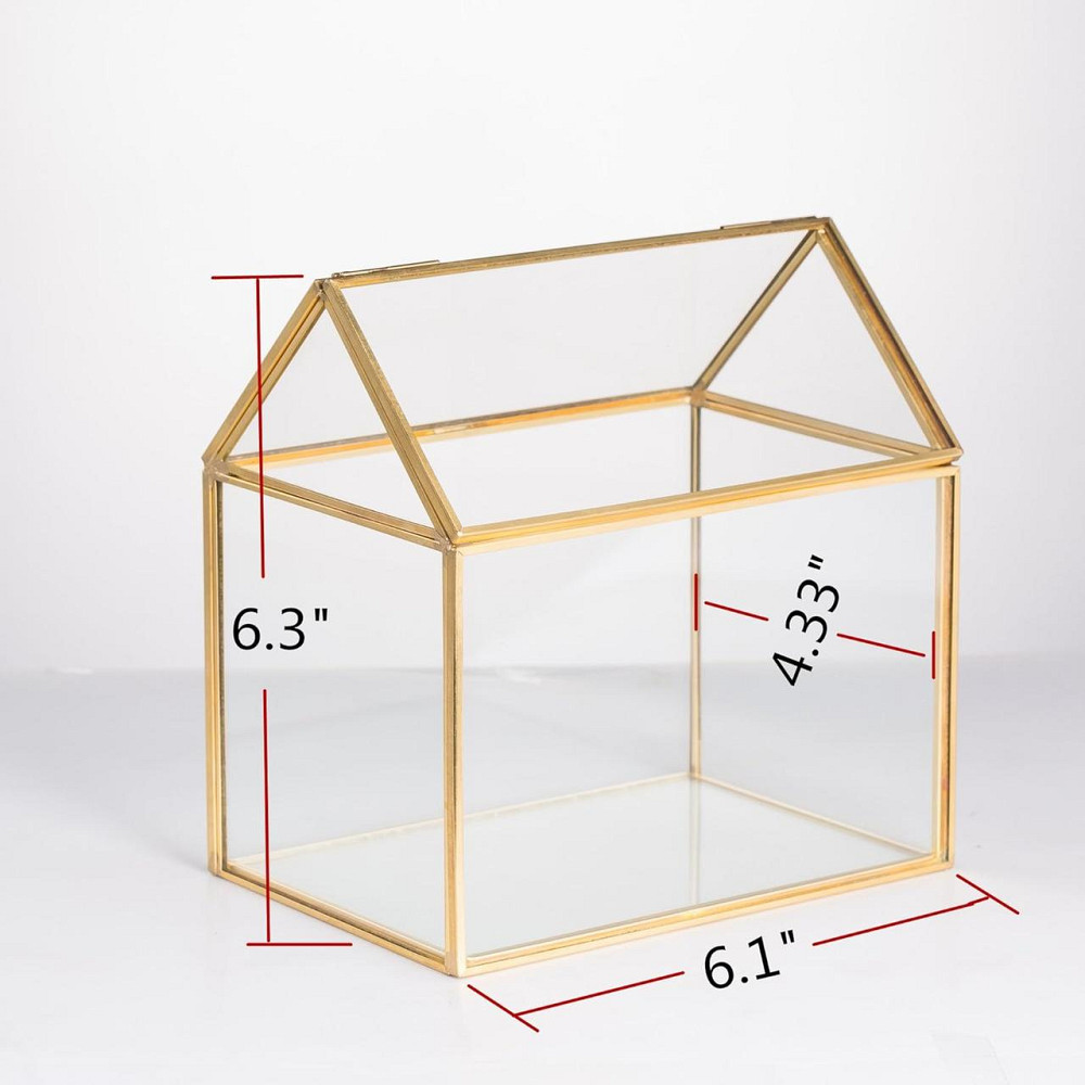 Скляний флораріум NCYP у формі будиночка з кришкою, золота рамка, 15.5×11×16 см, для сукулентів, мосаріум Київ - фото 7