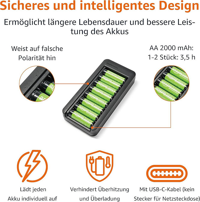 Акумулятори Amazon Basics NiMH AA 8×2000мАг чорний комплект з USB‑C зарядним для зарядки акумуляторів, набір з зарядним пристроєм Київ - фото 7