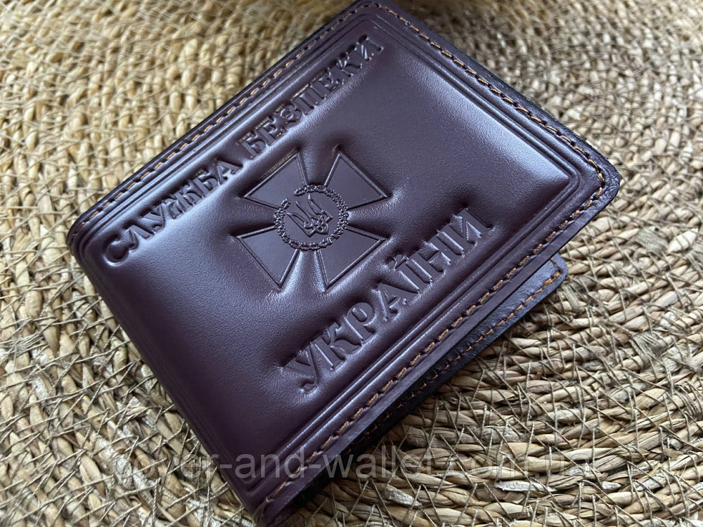 Шкіряна обкладинка на посвідчення СБУ із шевроном бордового кольору Київ - фото 6