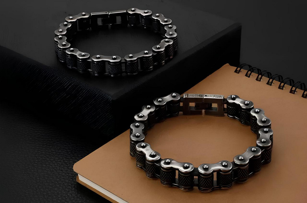 Чоловічий браслет RESTEQ з нержавіючої сталі у вигляді мотоциклетного ланцюга 23 см — чорний браслет зі сталі 316L Київ - фото 10