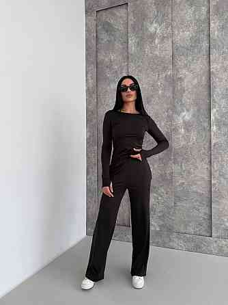 Женский базовый костюм тройка: лонгслив, футболка и штаны микродайвинг Черный Одесса