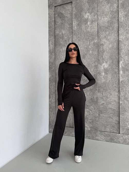 Женский базовый костюм тройка: лонгслив, футболка и штаны микродайвинг Черный Одесса - изображение 3