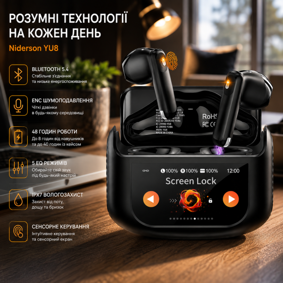 Беспроводные наушники Niderson YU8 TWS с сенсорным экраном, Bluetooth 5.4, ENC, 48 ч, 5 EQ, IPX7, Black Киев