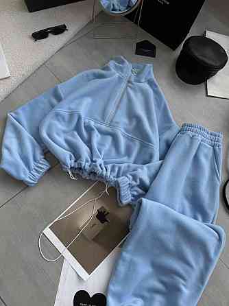 Женский теплый повседневный костюм двойка турецкий двусторонний флис полар Голубой Одесса