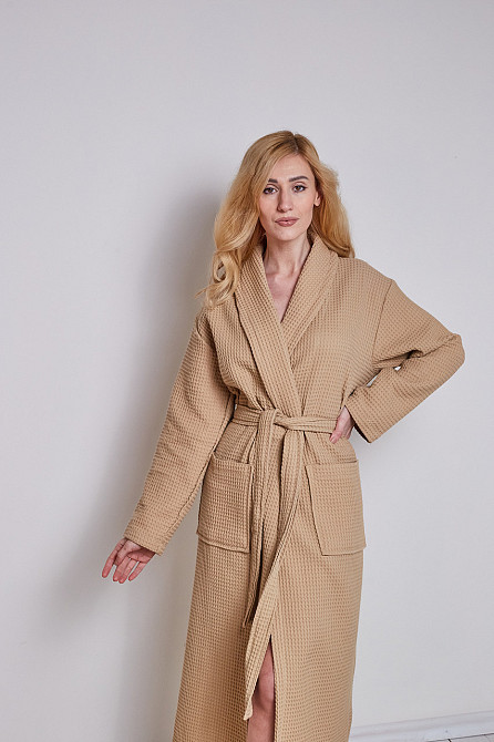 Женский вафельный халат Ideal Textile длинный бежевый (56860639) Черновцы - изображение 2