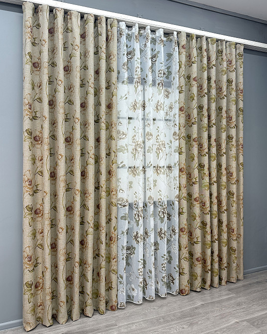 Комплект штор VR-Textil Льон Прованс 150х270 2шт і Тюль 400х270 2080ш-1267т Коричневий з білим 71-205/3 Київ - фото 3