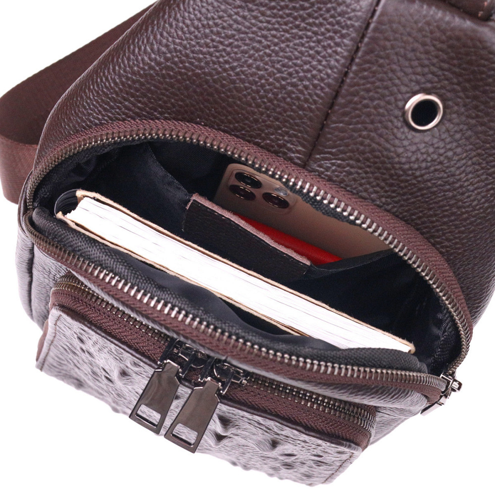 Сумка слінг чоловіча з натуральної фактурної шкіри 21401 Vintage Коричневий Київ - фото 3