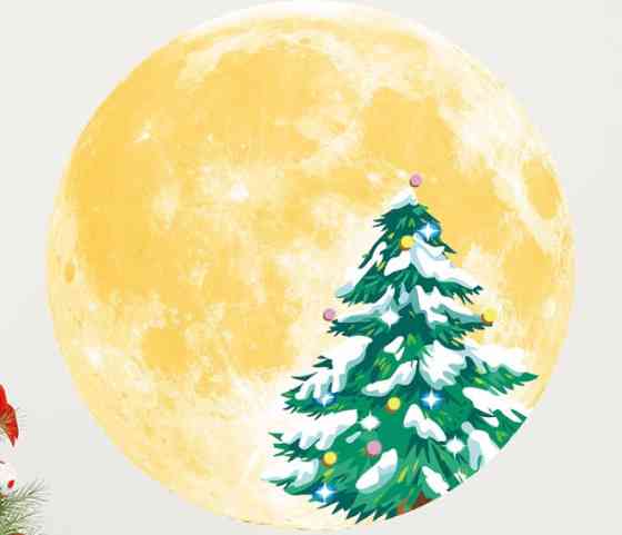 Новогодняя наклейка люминесцентная Луна с елкой 30 см желтый Киев