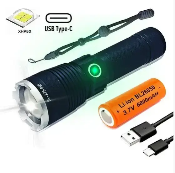 Светодиодный ручной фонарик Bailong BL-A75-P90 zoom + Type-C + 26650 (3xAAA) 5 режимов Киев