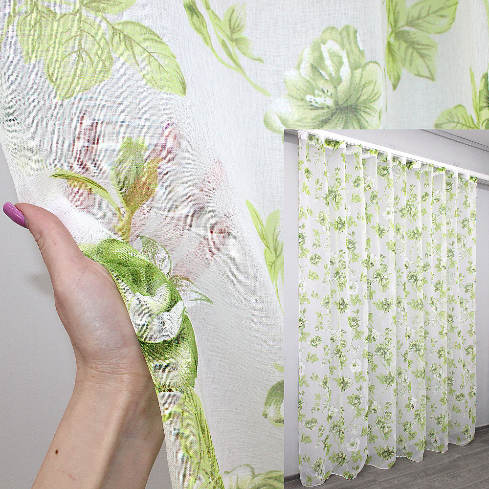 Тюль VR-Textil 1264т Flora Батист Белый с салатовым 400х270 см (42-1105) Киев - изображение 1