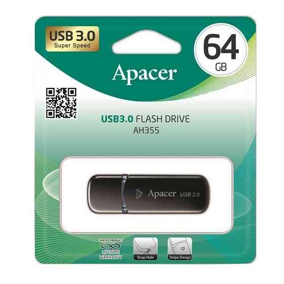 Флешка Apacer USB накопичувач 3.0 AH355 64Gb, колір чорний AP64GAH355B-1 Одеса