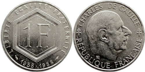 Франция 1 франк 1988 Франция — 30 лет Пятой Республике Полтава - изображение 1