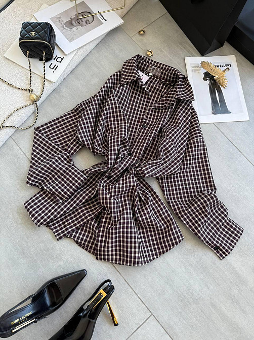 Жіноча сорочка оверсайз у дрібну карту костюмний тіар Сливовий Одеса - фото 1