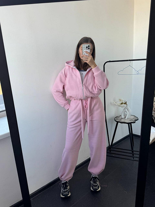 Жіночий теплий прогулянковий костюм-двійка: худі та штани двосторонній поліс фліс Рожевий, 44/48 Одеса - фото 4