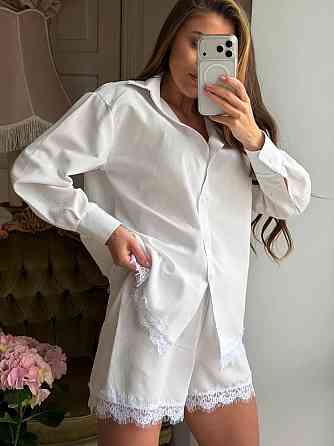 Женский стильный летний льняной костюм с кружевом Молочный, 48/50 Одесса