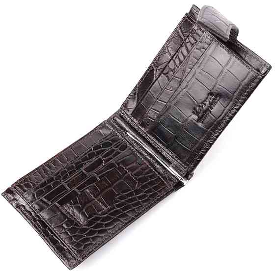 Функциональный мужской зажим из натуральной лакированной фактурной кожи под крокодила KARYA 21044 Коричневый Киев