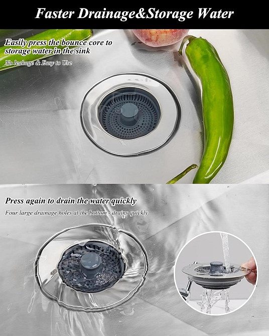 Заглушка для кухонної мийки Hibbent KD620-1 нержавіюча сталь/ABS 3-в-1 поп-ап універсальна 70-86 мм глибина >22 мм фільтр-сітка Київ - фото 6