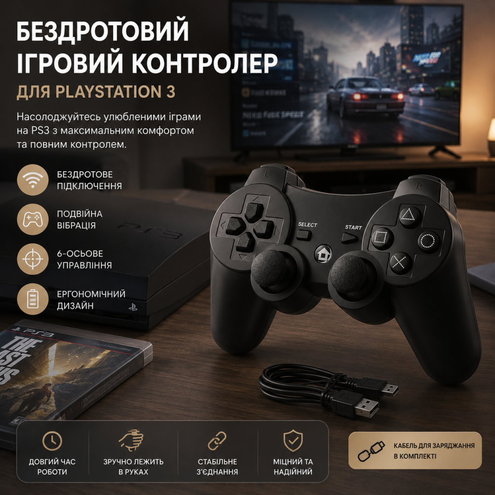 Беспроводной игровой контроллер Diswoe для PlayStation 3 и ПК — Bluetooth Геймпад, Double Shock, 6-осевой гироскоп, Черный Киев - изображение 1