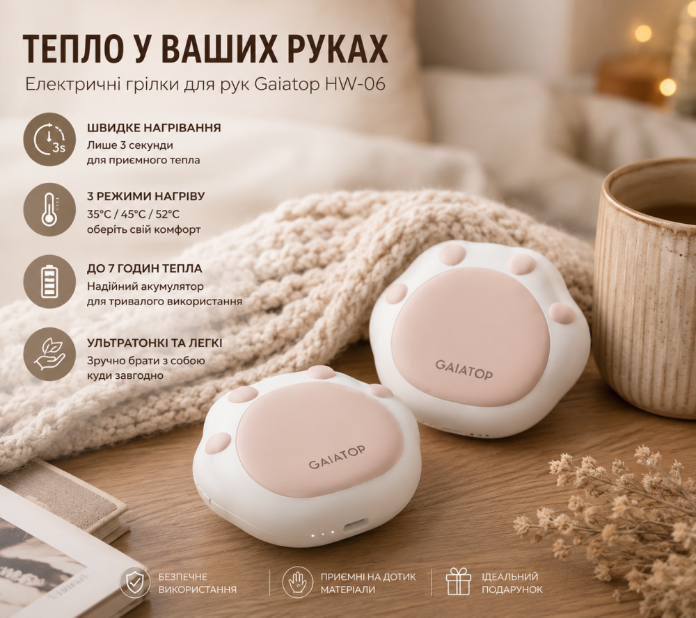 Електричні грілки для рук Gaiatop HW-06 2 шт., акумуляторні, швидке нагрівання за 3 с, 3 режими, до 52°C, ультратонкі Київ - фото 6