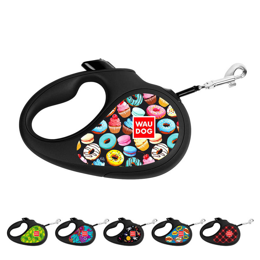 Повідець-рулетка для собак WAUDOG R-leash, малюнок "Пончики", XS, до 12 кг, 3 м, світловідбивна стрічка чорний Вінниця - фото 1