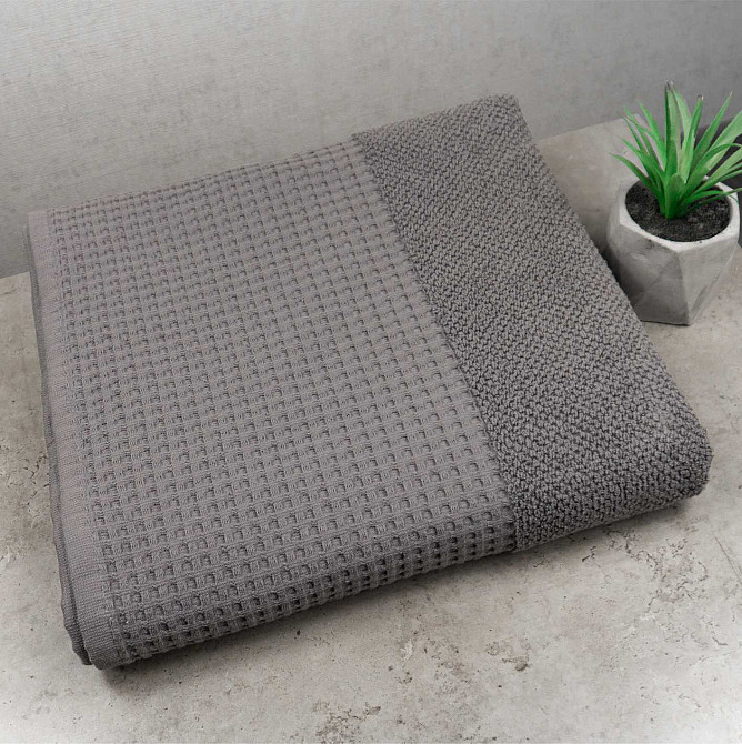 Банний рушник Вафельний Бордюр GM Textile 70х140см 500г/м2 (Сірий) Суми - фото 1