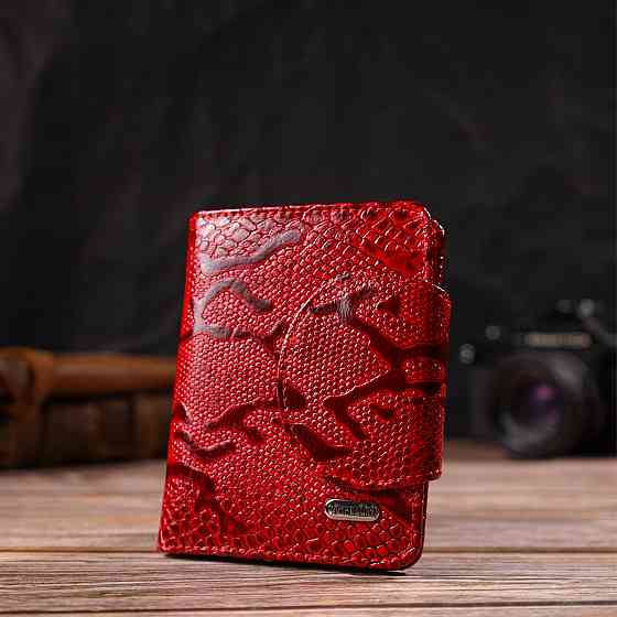 Лаковане жіноче портмоне середнього розміру з натуральної шкіри з тисненням під змію Червоне (CANPELLINI) Київ