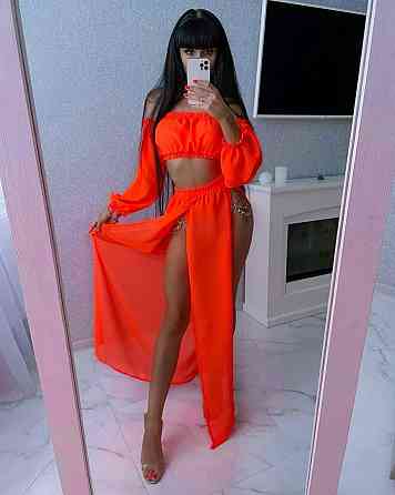 Женский яркий пляжный костюм двойка: топ и штаны шифон Оранжевый Одесса