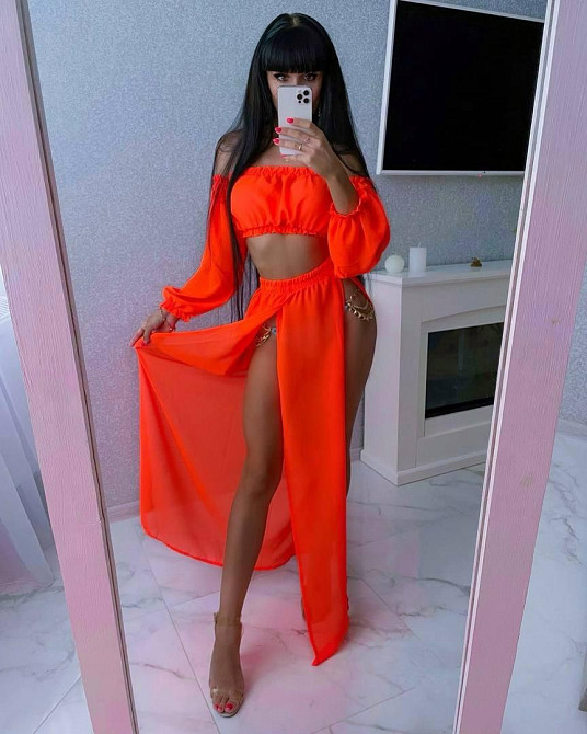 Женский яркий пляжный костюм двойка: топ и штаны шифон Оранжевый Одесса - изображение 1